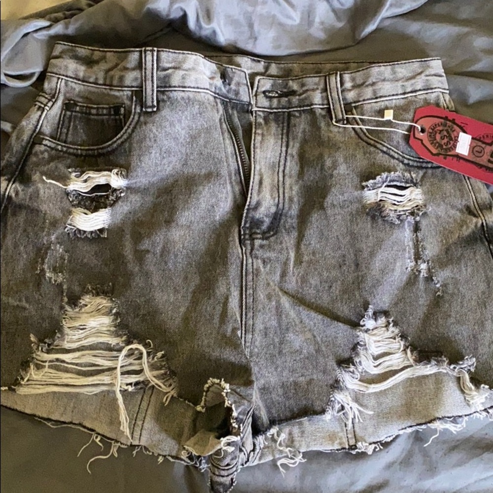 Grey Denim Distressed Shorts